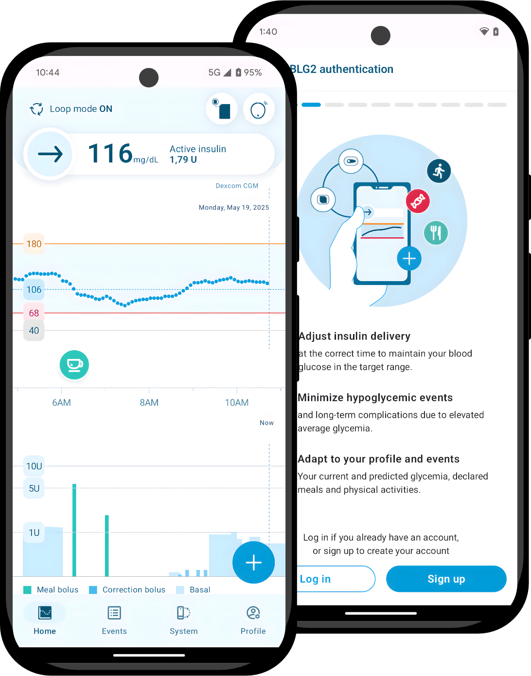 DBLG2 on Android: the home screen with glucose curve and insulin deliveries, and the authentication screen